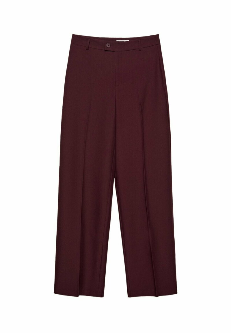 Pantaloni a gamba larga color bordeaux scuro con passanti per cintura, bottone frontale e pieghe sui pantaloni.