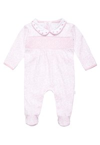 Kerge roosa jumpsuit, millel on pikad varrukad, lilleline tekstuur, valge krae ja paela aksessuaarid. Allosas on nööbid, et oleks lihtne riietuda.