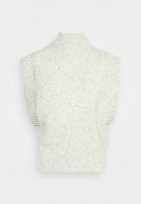 Maglione senza maniche grigio chiaro con collo alto, dettagli a coste sulle spalle e un motivo a maglia testurizzato su tutta la superficie.