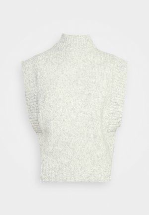 Hellgrauer ärmelloser Pullover mit hohem Kragen, gerippten Akzenten an den Schultern und einem strukturierten Strickmuster.