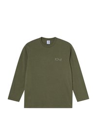 Długi rękaw t-shirt w kolorze oliwkowej zieleni wykonany z bawełny, z okrągłym dekoltem i małym białym nadrukiem logo na lewej piersi.