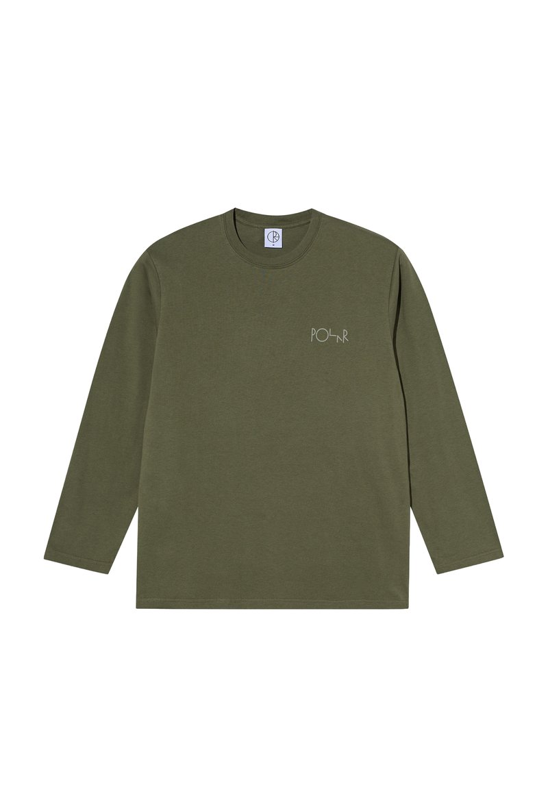 Długi rękaw t-shirt w kolorze oliwkowej zieleni wykonany z bawełny, z okrągłym dekoltem i małym białym nadrukiem logo na lewej piersi.