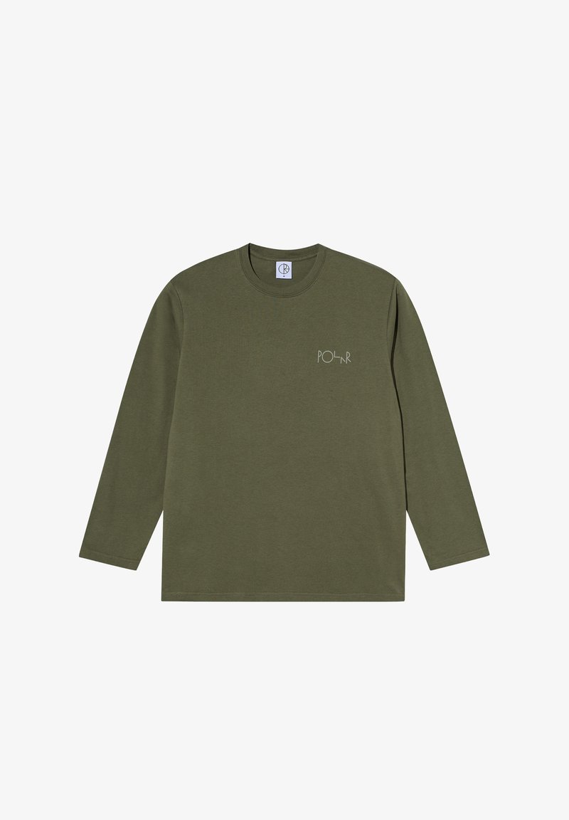 Długi rękaw t-shirt w kolorze oliwkowej zieleni wykonany z bawełny, z okrągłym dekoltem i małym białym nadrukiem logo na lewej piersi.