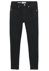 Jeans skinnys negros de mezclilla con una textura suave, que cuentan con cinco bolsillos, un cierre de botón frontal y dobladillos desgastados.