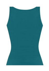 Türkises, eng anliegendes Tanktop mit glatter Textur. Verfügt über breite Träger und einen runden Ausschnitt, entworfen für eine figurbetonte Silhouette.