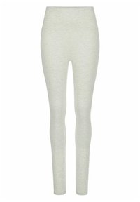 Lichtgrijze leggings van een zachte, rekbare stof. Ze zijn voorzien van een hoge tailleband en een gladde textuur, waardoor ze een aansluitende pasvorm bieden.