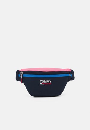 Granatowo-różowa nerka Tommy Jeans z przednim suwakiem i logo z przodu.