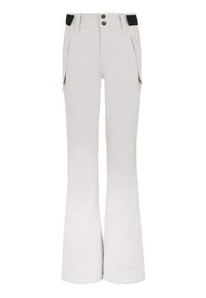 Pantaloni da sci di colore chiaro realizzati in tessuto morbido, con una forma svasata, tasche laterali con zip e una texture liscia. Chiusura a due bottoni.