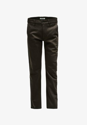 Mørkebrune chinos med lige pasform, lavet af en glat bomuldsblanding. Har en knaplukning og standardlommer for funktionalitet.