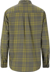 Långärmad rutmönstrad skjorta med en grå och olivgrön färgskala, knäppning, krage och subtil detaljerad veck bak.
