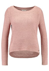 Jasnoróżowy sweter z dzianiny z okrągłym dekoltem, długimi rękawami i prążkowanym wykończeniem. Posiada teksturowany materiał i luźny krój.