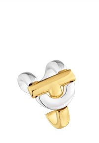 Gold and silver metal clasp with a rounded design. Features a horizontal bar across the center and a curved hook-shaped accent.