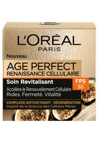 L'Oréal Paris Age Perfect Renaissance Cellulaire, boîte dorée et noire, avec des accents en relief, comprend une crème anti-âge avec SPF 30.