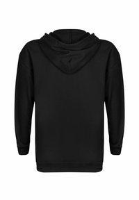 Felpa nera con cappuccio realizzata in un tessuto morbido e strutturato. Presenta un cappuccio arrotondato e maniche lunghe. Il retro è liscio e privo di elementi di design visibili.