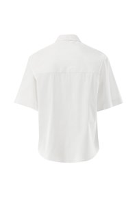 White short-sleeve shirt with a classic collar, featuring smooth fabric, a back yoke seam, and a relaxed fit. No visible fasteners or patterns.