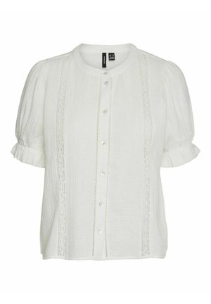White short-sleeve blouse with a round neckline, textured fabric, button front, and lace detail along the sides.