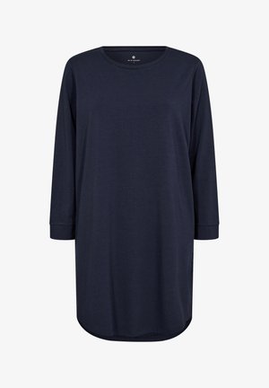 Marineblå langærmet tunika med rund halsudskæring og afrundet kant, der har blødt stof og manchetter på ærmerne. Enkel, ensfarvet design uden mønstre.