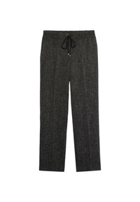 Pantalones grises ajustados con un tejido texturizado, cinturilla elástica y cordón ajustable. Con detalles metálicos en tono dorado.