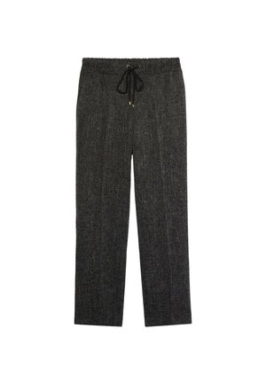 Grijze op maat gemaakte broeken met een gestructureerde weving, elastische tailleband en verstelbaar trekkoord. Heeft accenten van goudkleurig hardware.