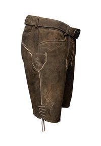 Pantalones cortos de ante marrón con cinturón, que cuentan con costuras decorativas, un bolsillo lateral y detalles de encaje en el dobladillo. Diseño texturizado y ajustado.