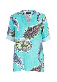 Short-sleeve, turquoise shirt featuring a paisley pattern in green, purple, and black. V-neck design with rolled sleeves. Lightweight fabric.