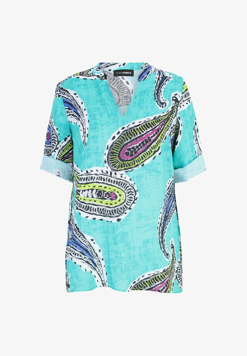 Short-sleeve, turquoise shirt featuring a paisley pattern in green, purple, and black. V-neck design with rolled sleeves. Lightweight fabric.