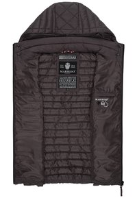 Quilted black jacket with a hood, featuring a smooth inner lining, logo accents, and a label with care instructions and branding details.