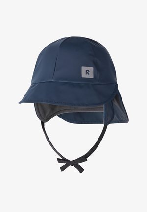 Marineblauer wasserdichter Hut mit breiter Krempe, weicher grauer Fütterung, Ohrenklappen und Kinnband. Mit kleinem grauen Logo auf der Vorderseite.