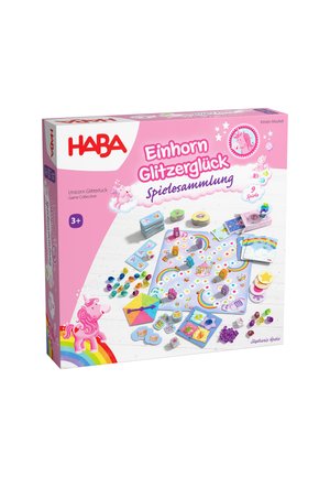 Roze doos met de spelletjescollectie "Einhorn Glitzer Glück". Bevat gekleurde stukjes, edelstenen en geïllustreerde spelkaarten met een eenhoorn- en regenboogthema.