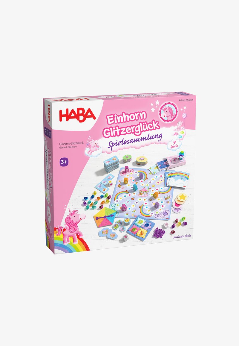 Różowe pudełko z kolekcją gier "Einhorn Glitzer Glück". Zawiera wielokolorowe elementy, klejnoty i ilustrowane karty gry z motywami jednorożca i tęczy.