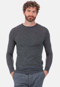 Grauer Pullover mit langen Ärmeln aus weichem Stoff mit rundem Ausschnitt, in körpernaher Passform und mit minimalen Nahtdetails.