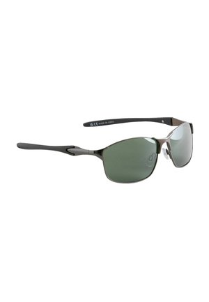 Sleek metal-framed sunglasses with dark green rectangular lenses and black curved arms, shown against a white background.