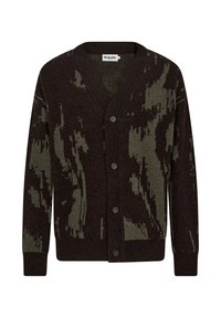 Brauner und grüner Strickcardigan mit V-Ausschnitt, strukturiertem Gewebe, Vorderknöpfen und einem Camouflage-Muster.