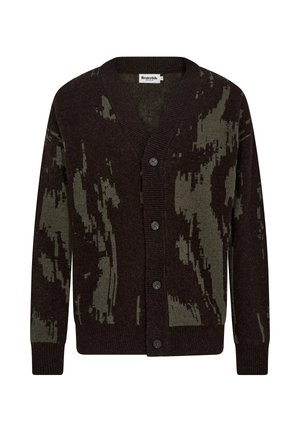 Brown and green knitted cardigan featuring a V-neck, textured fabric, front buttons, and a camouflage pattern.