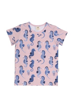 Short-sleeve cotton t-shirt, light pink, featuring blue seahorse and jellyfish patterns, round neckline, soft texture, and relaxed fit.