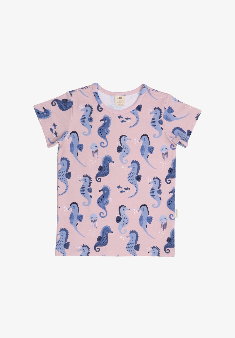 Short-sleeve cotton t-shirt, light pink, featuring blue seahorse and jellyfish patterns, round neckline, soft texture, and relaxed fit.