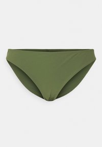 Parte de baixo de biquíni verde-oliva feita de um tecido liso e elástico, com um ajuste de cintura baixa e um design minimalista. Detalhes em costura ao longo das bordas.