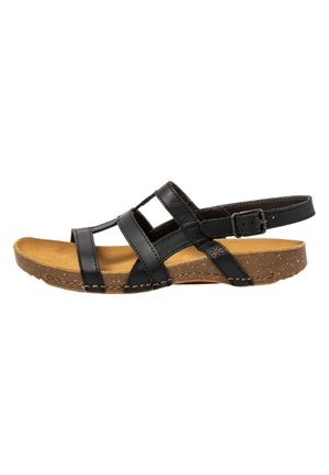 Schwarze Ledersandale für Damen mit mehreren Riemen, verstellbarer Schnalle an der Ferse und hellbrauner, korkstrukturierter Sohle.