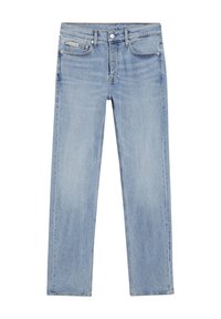 Jeans din denim de culoare albastră deschisă, cu un design drept, cinci buzunare și închidere cu buton. Decolorare subtilă și detalii minime de cusut.