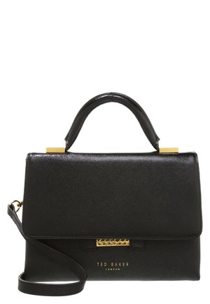 Sort læder Ted Baker håndtaske med tophåndtag, aftagelig skulderrem og guldfarvet lås og logo foran.