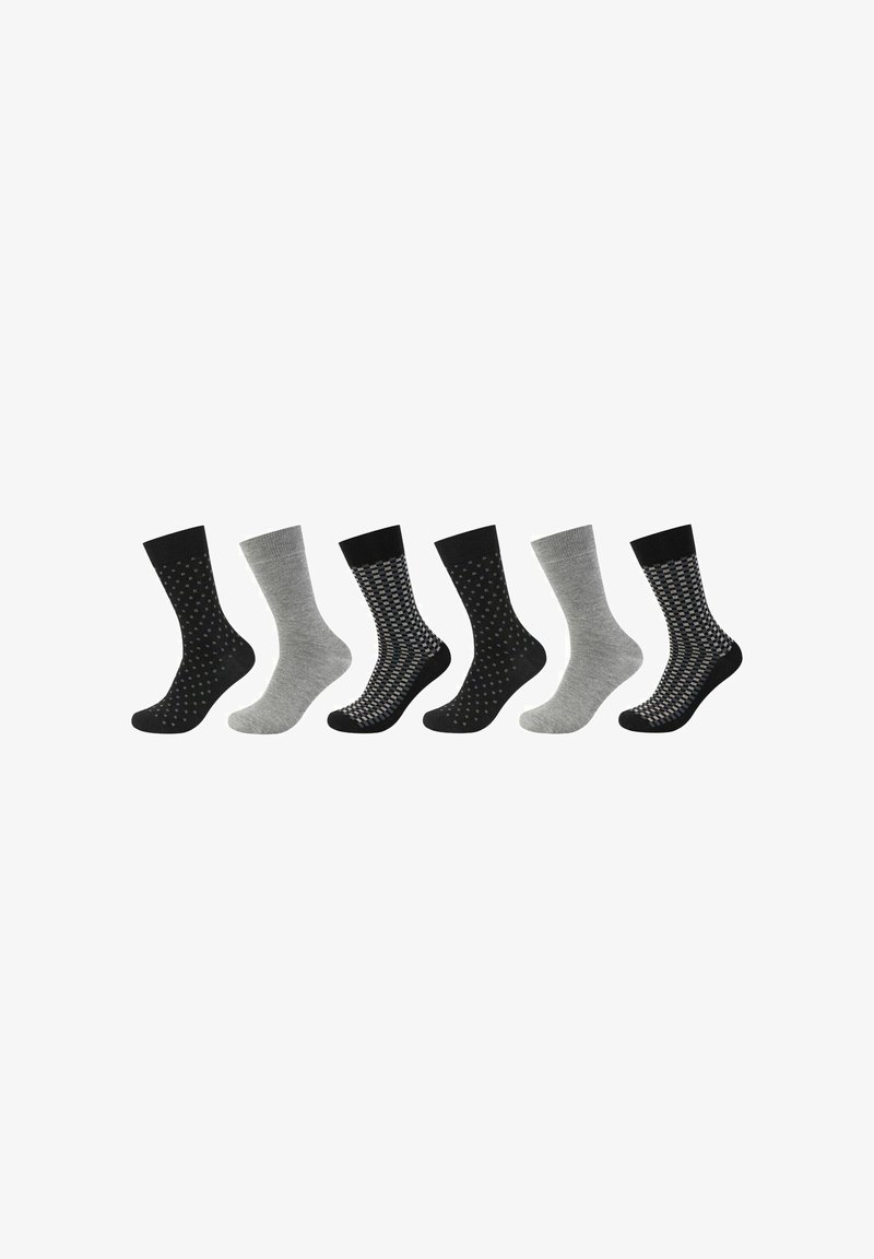 Sechs Sockensets: drei schwarze, zwei graue und ein gemustertes in Schwarz und Grau. Mit unterschiedlichen Oberflächenstrukturen und glatten Finishes, variierend in Farbe und Design.