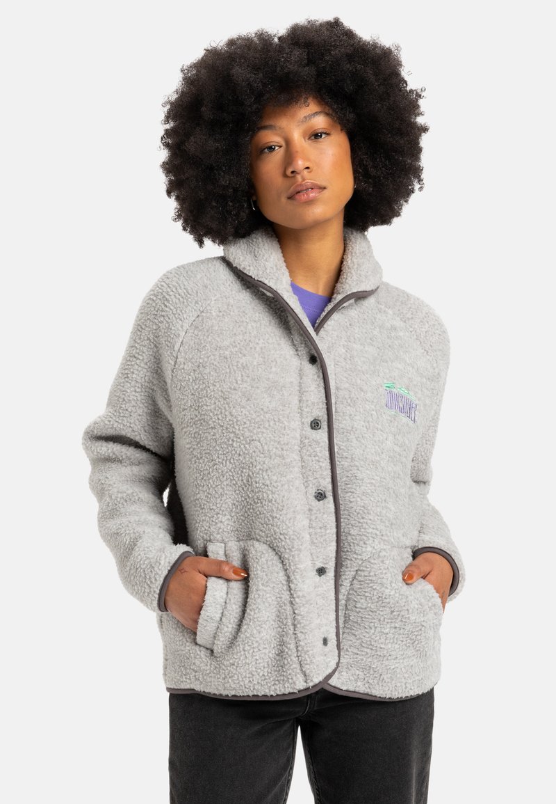 Gray fleece jacket with a collared neck, button front, two front pockets, and contrasting dark trim. Features embroidered detailing.