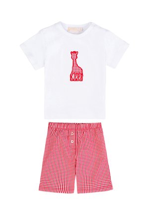 Camicia bianca a maniche corte con applicazione di giraffa in quadretti rossi e pantaloncini abbinati in quadretti rossi con due bottoni frontali e vita elasticizzata.