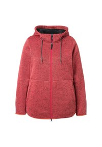 Veste en polaire rouge avec capuche, dotée d'une fermeture éclair à l'avant, de deux poches avant, d'un cordon de serrage gris et d'accents réfléchissants sur les manches.