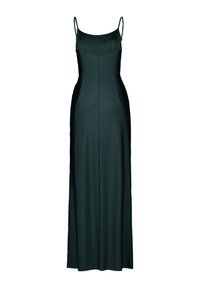 Langes, dunkelgrünes Satin-Kleid mit Spaghetti-Trägern, taillierter Brustpartie und seitlichem Schlitz. Das Kleid hat eine glatte, leicht reflektierende Textur und einen Reißverschluss.