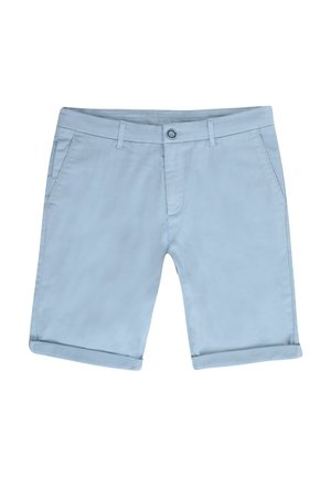  Lichtblauwe katoenen shorts met een rechte snit, met een sluiting aan de voorkant met een knoop, twee zijzakken en.details van opgerolde zoom.