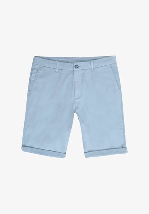 Pantalones cortos de algodón en azul claro con corte recto, que cuentan con un cierre frontal de botón, dos bolsillos laterales y detalles de dobladillo enrollado.