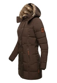 Brown insulated parka with a faux fur-lined hood, front buttons, zippered pockets, and a logo patch on the sleeve. Features quilted texture.