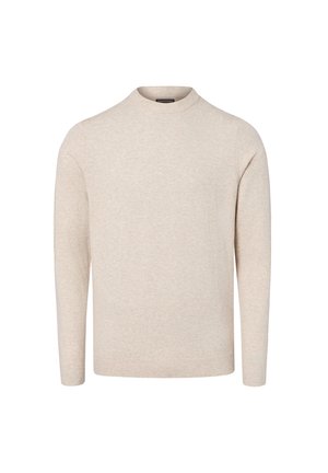 Pull beige à manches longues avec col rond, texture lisse et unie, sans motifs ni logos visibles.