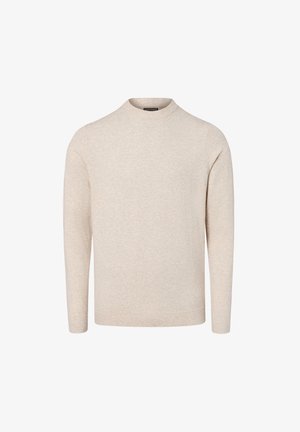 Beigefarbener Pullover mit langen Ärmeln und Rundhalsausschnitt, mit glatter, einfarbiger Textur ohne sichtbare Muster oder Logos.